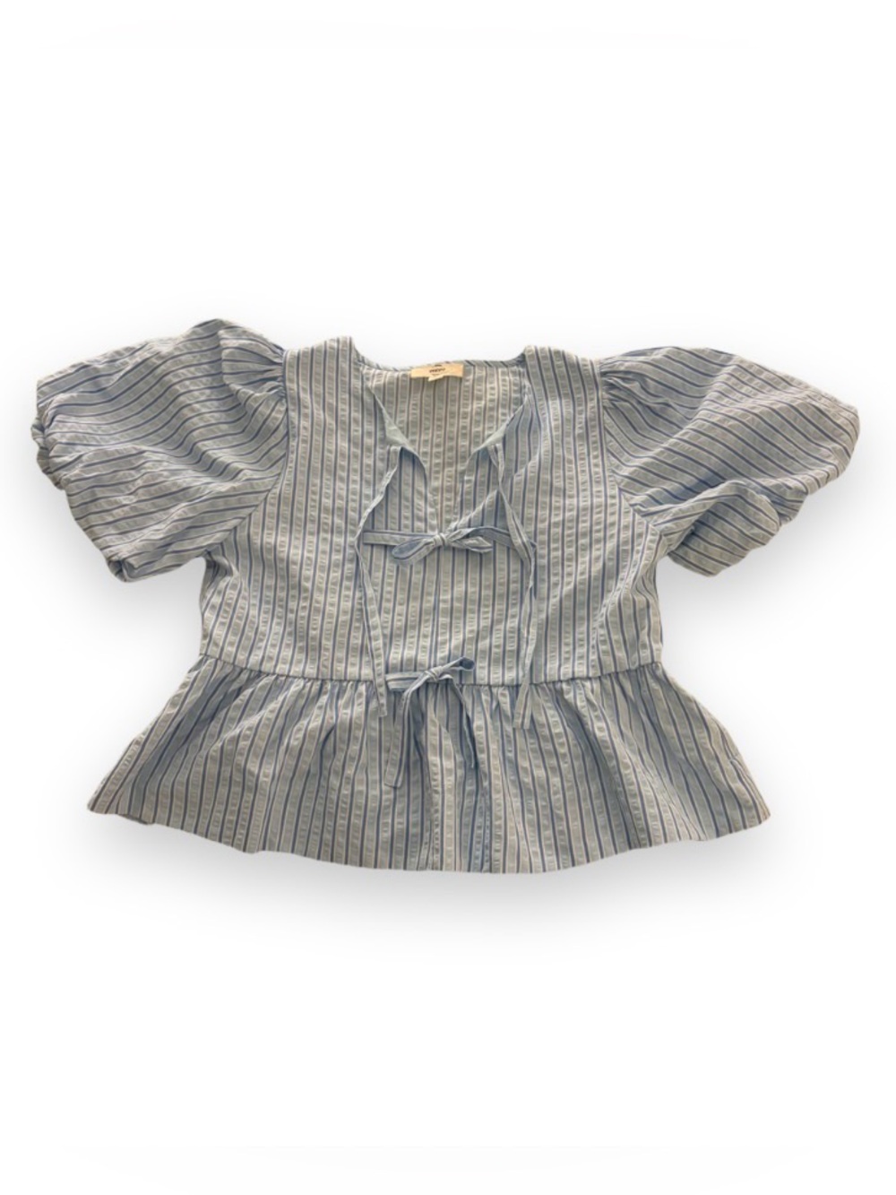 Entro Striped Blue Tie-Front Peplum Top with Puff Sleeves